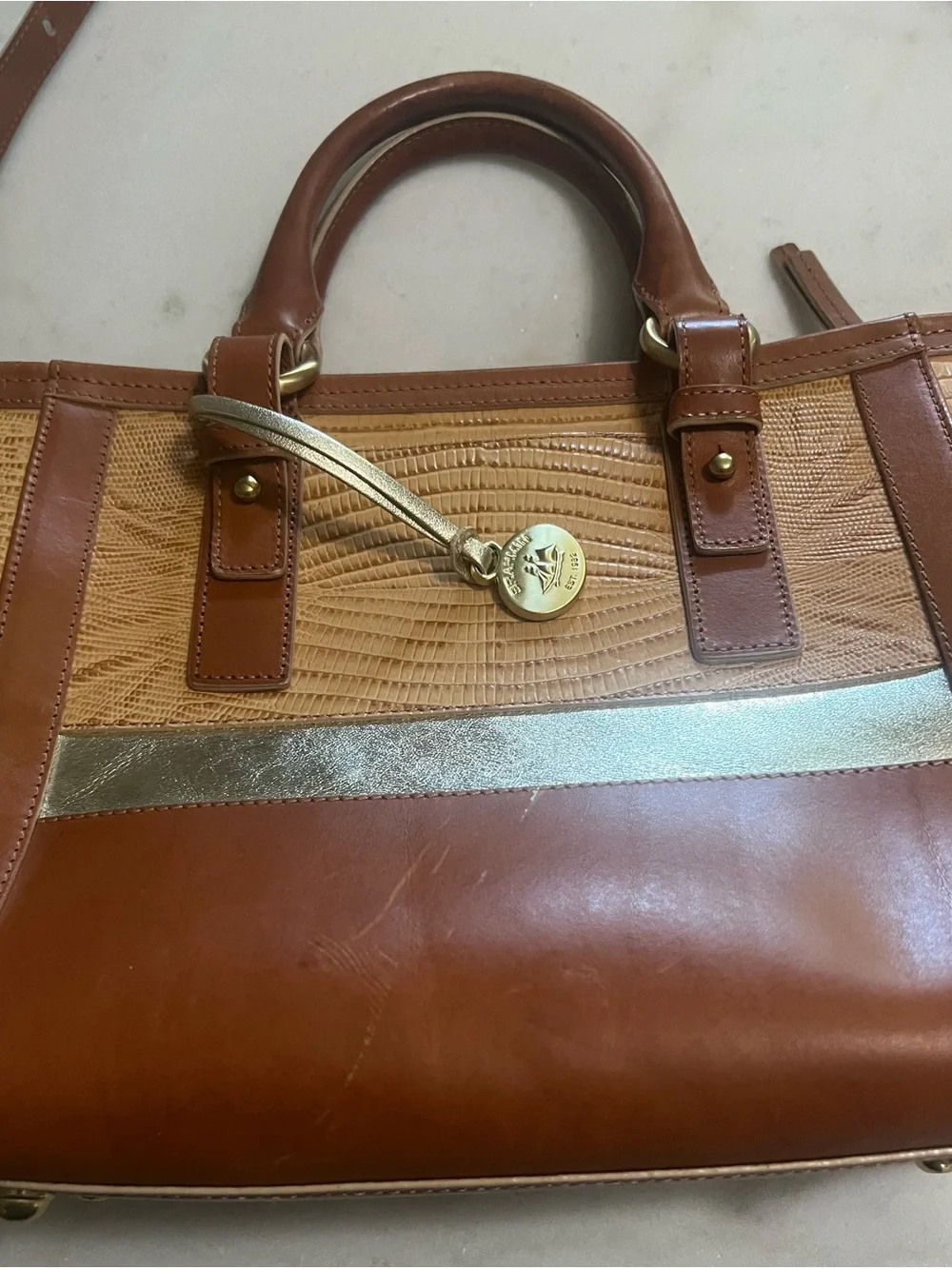 Brahmin Medium Arno Zip Top Tote Bag  Tan Beaumont With Metallic Gold Accents